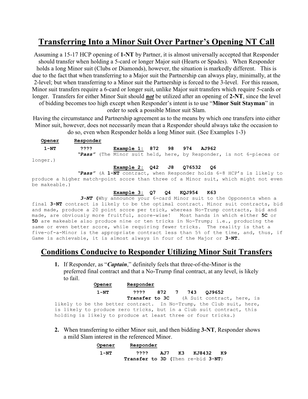 Transferring Into a Minor Suit Over Partner’S Opening NT Call