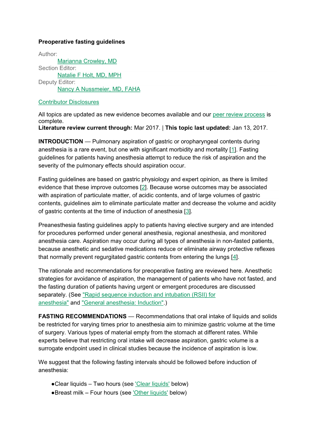 Preoperative Fasting Guidelines Author: Marianna Crowley, MD Section