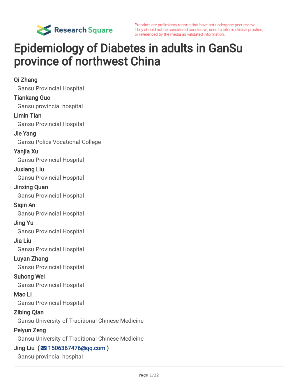 Epidemiology of Diabetes in Adults in Gansu Province of Northwest China