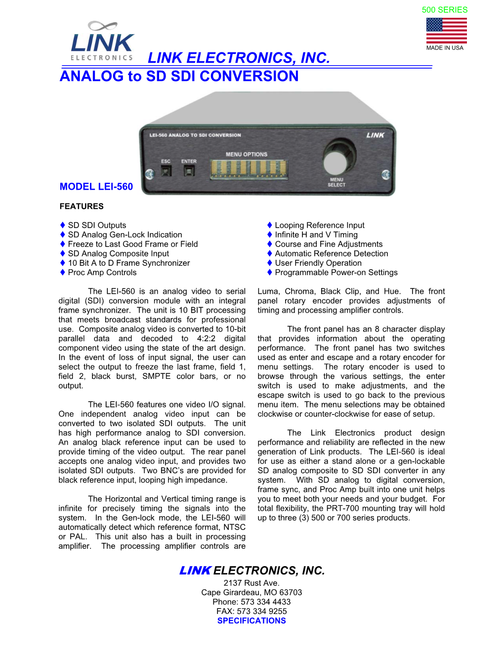 LINK ELECTRONICS, INC. ANALOG to SD SDI CONVERSION