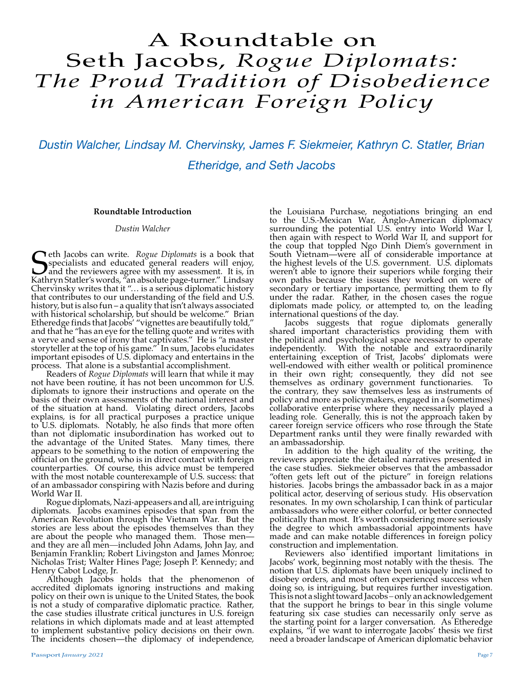 A Roundtable on Seth Jacobs, Rogue Diplomats: the Proud Tradition of Disobedience in American Foreign Policy