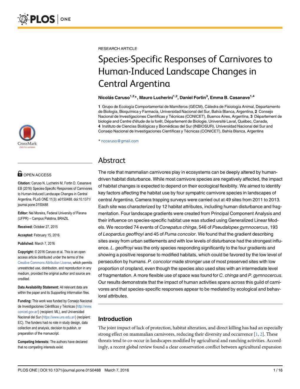 Species-Specific Responses of Carnivores to Human-Induced Landscape Changes in Central Argentina