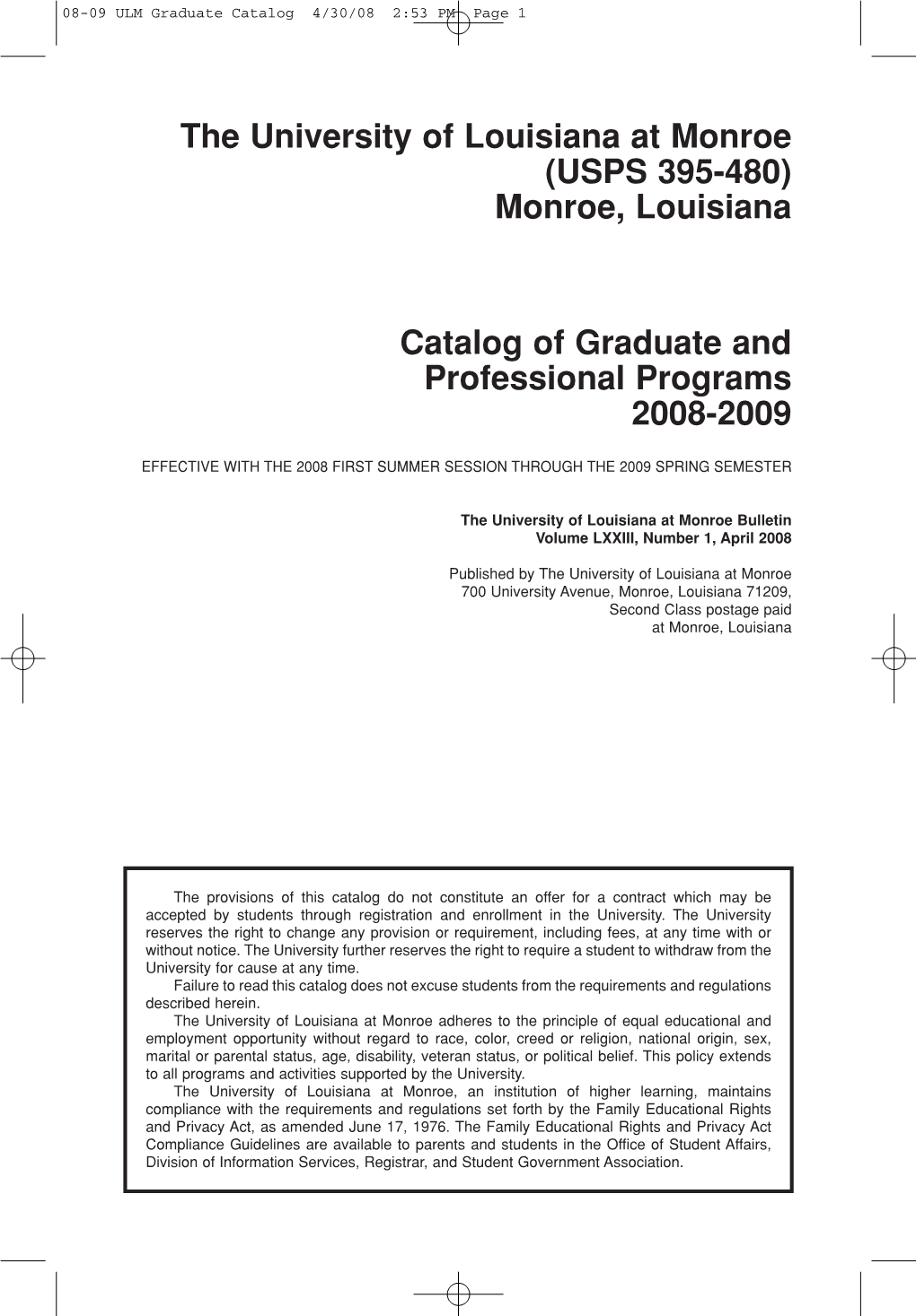 08-09 ULM Graduate Catalog 4/30/08 2:53 PM Page 1