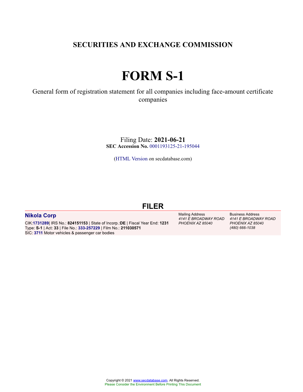 Nikola Corp Form S-1 Filed 2021-06-21