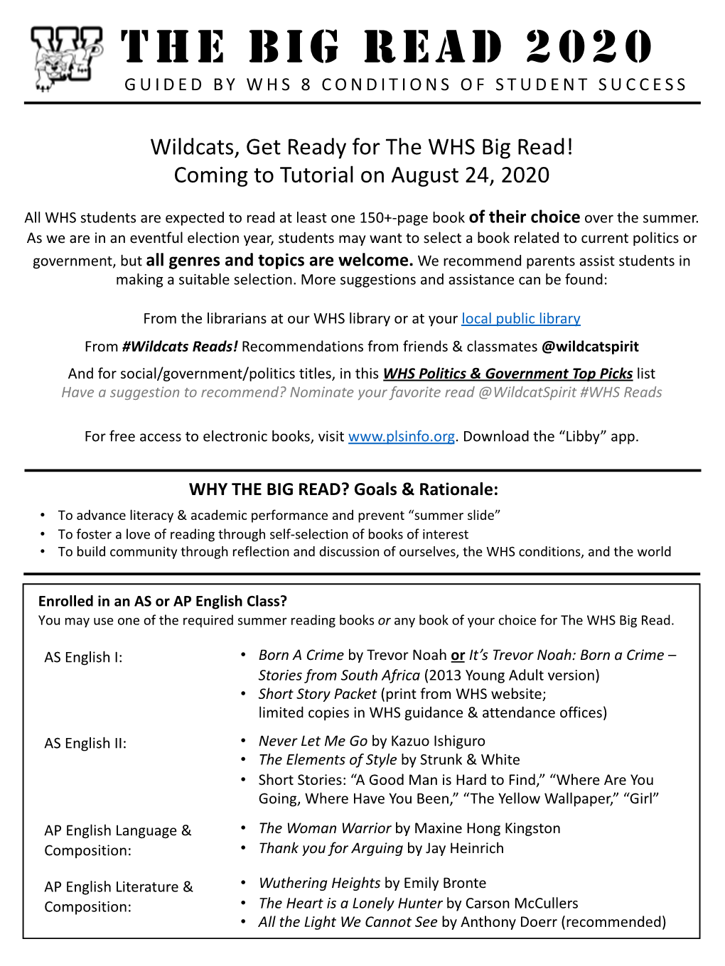 The Big Read 2020 Guided by Whs 8 Conditions of Student Success