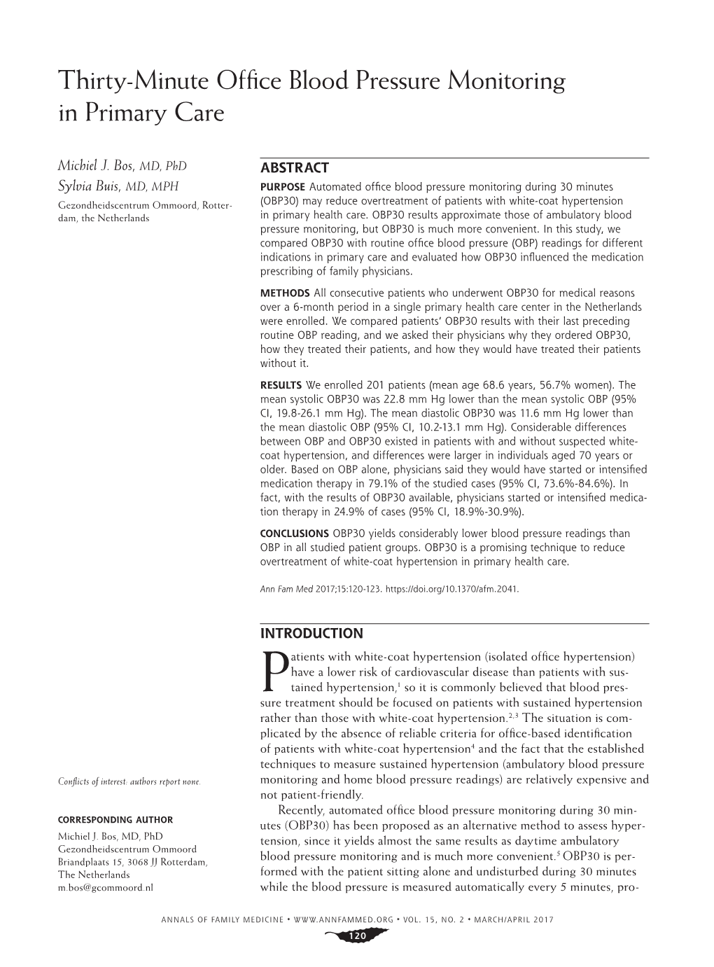 Thirty-Minute Office Blood Pressure Monitoring in Primary Care