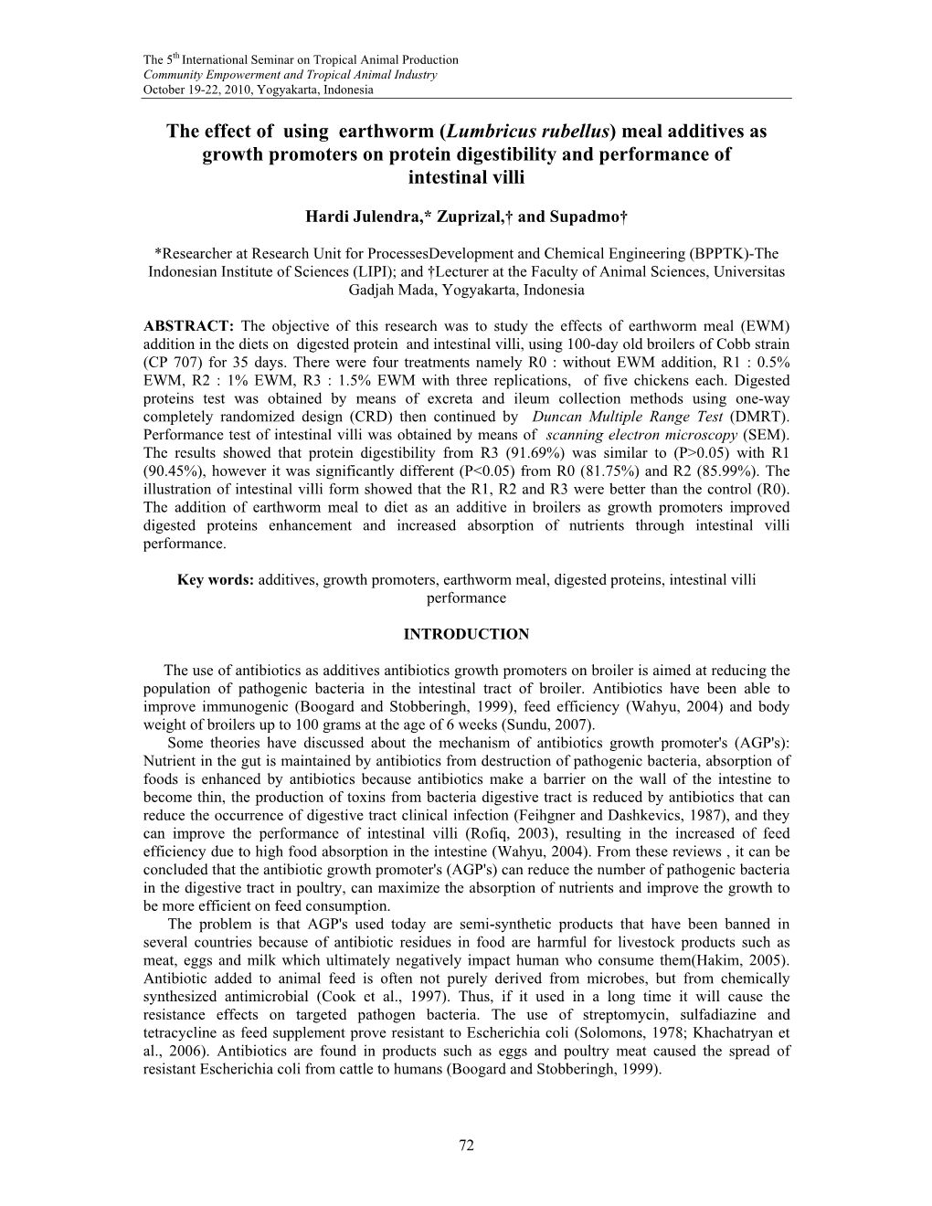 Lumbricus Rubellus) Meal Additives As Growth Promoters on Protein Digestibility and Performance of Intestinal Villi