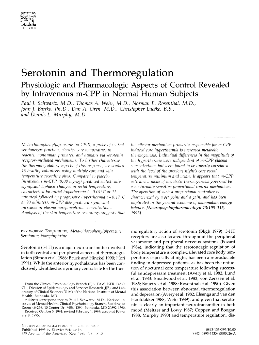 Serotonin and Thermoregulation Physiologic and Pharmacologic Aspects of Control Revealed by Intravenous M-CPP in Normal Human Subjects Paul]