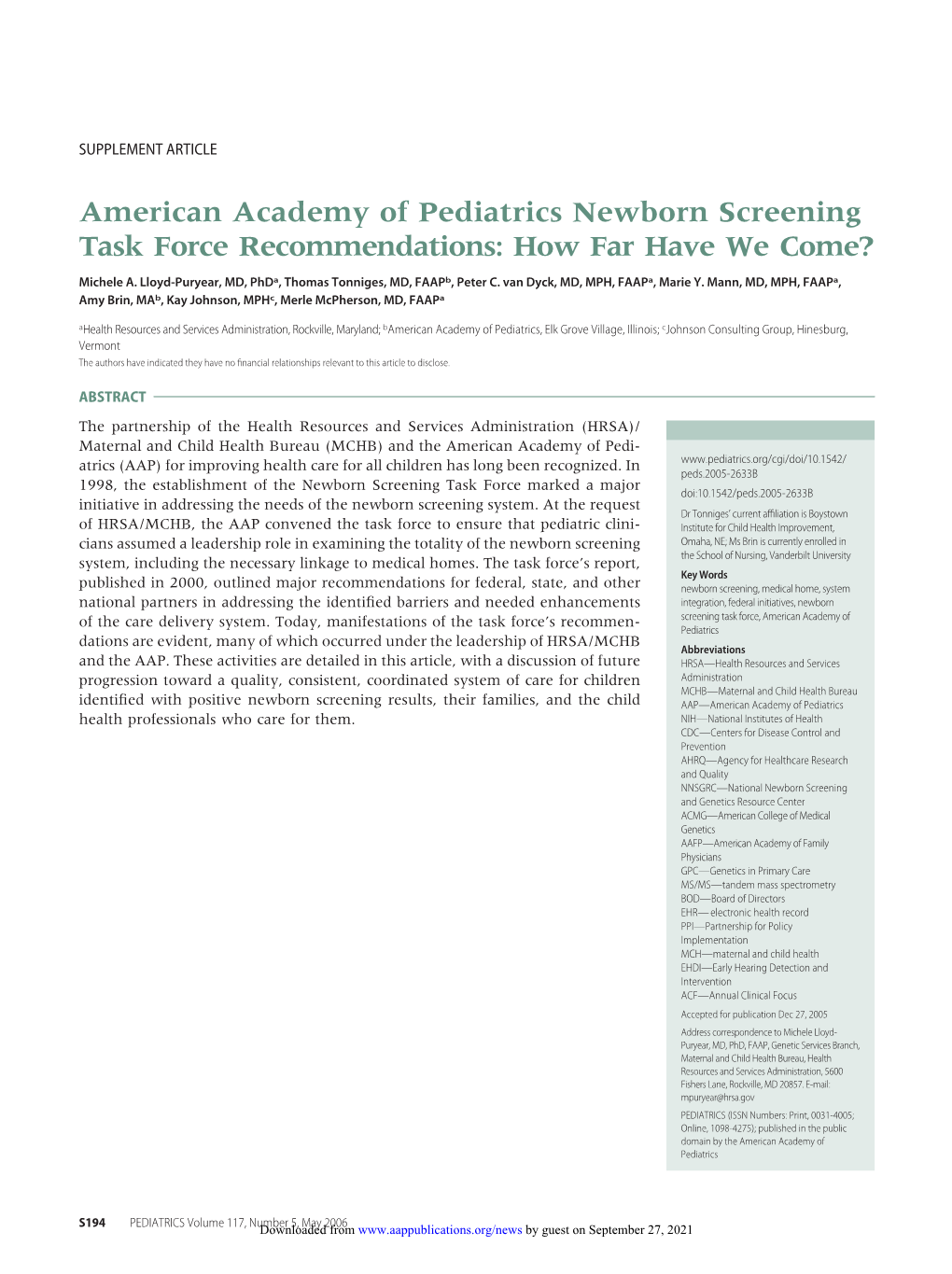 American Academy of Pediatrics Newborn Screening Task Force Recommendations: How Far Have We Come?