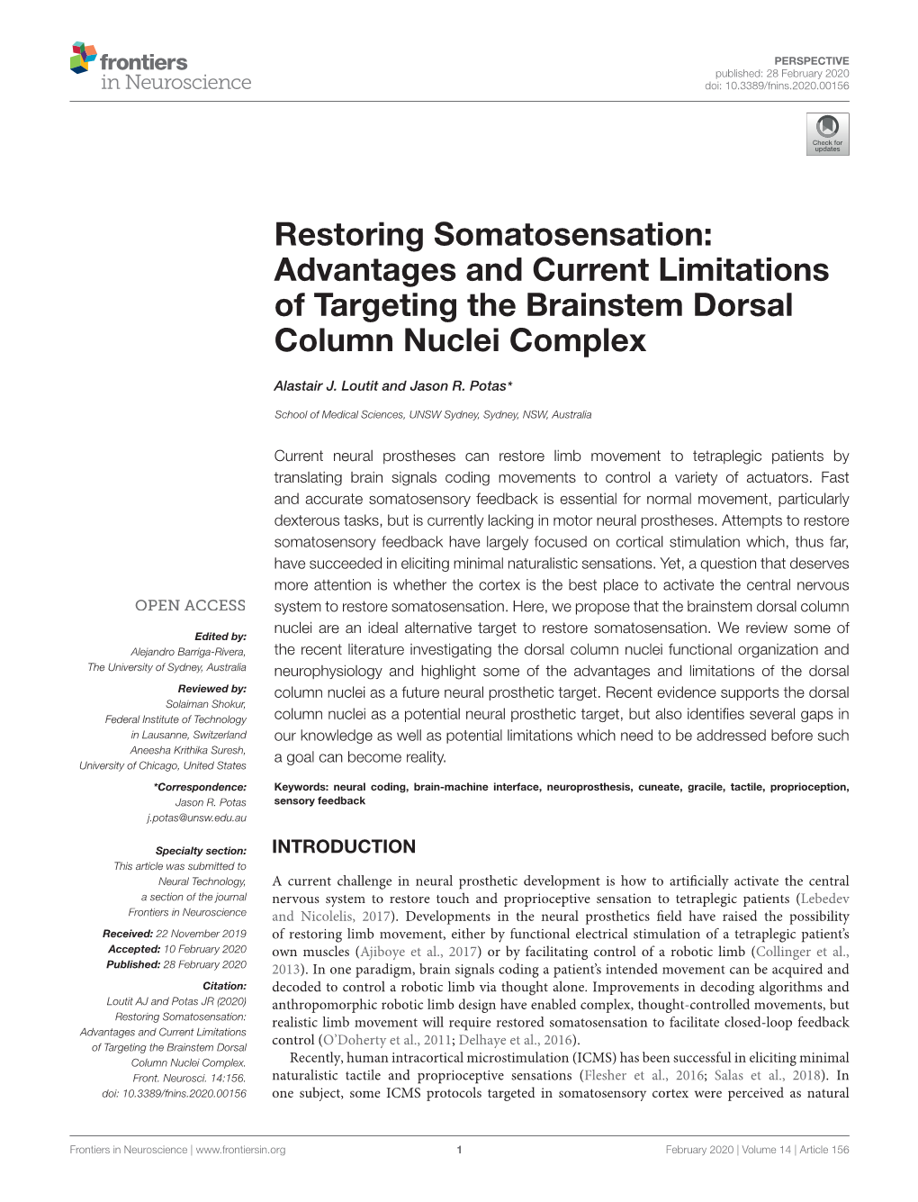 Restoring Somatosensation: Advantages and Current Limitations of Targeting the Brainstem Dorsal Column Nuclei Complex