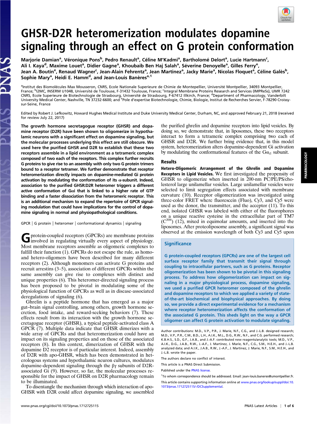 GHSR-D2R Heteromerization Modulates Dopamine Signaling Through an Effect on G Protein Conformation