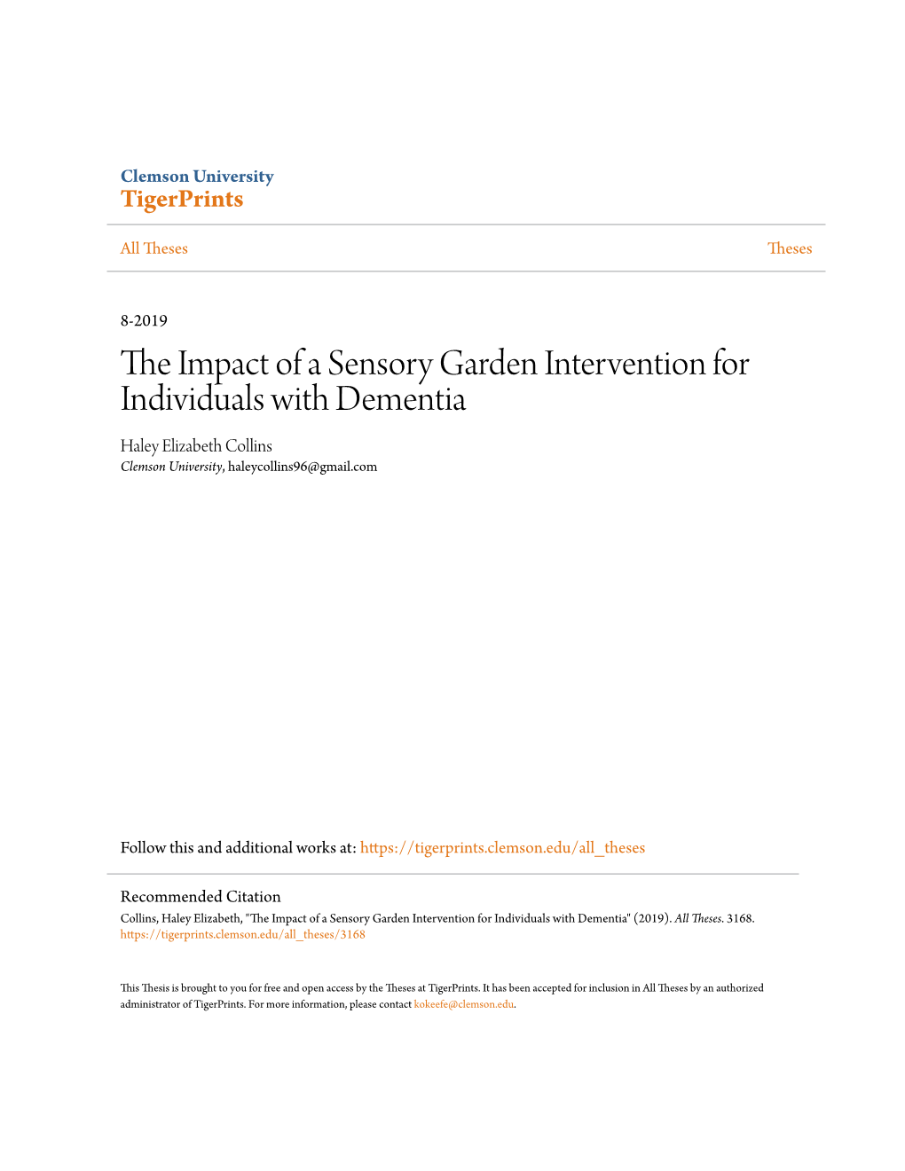 The Impact of a Sensory Garden Intervention for Individuals with Dementia