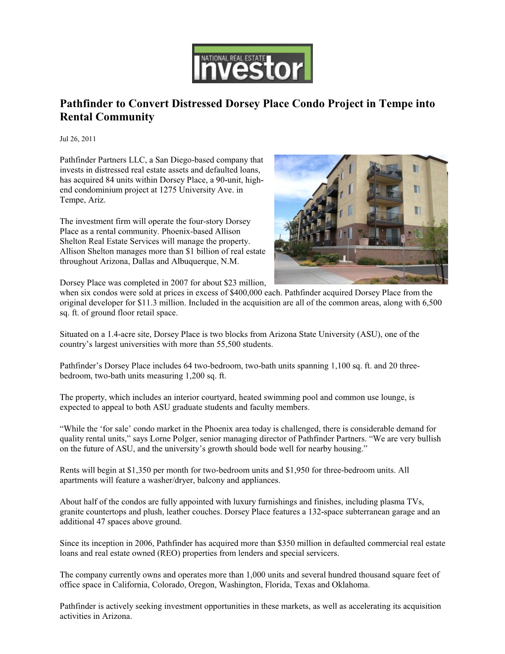 Pathfinder to Convert Distressed Dorsey Place Condo Project in Tempe Into Rental Community