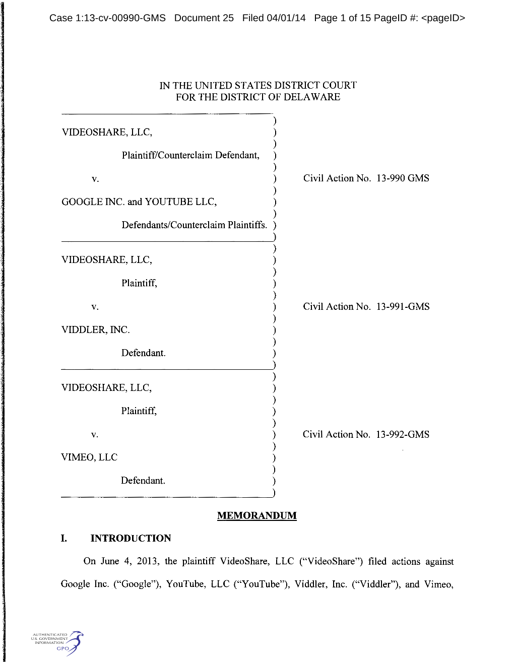 Case 1:13-Cv-00990-GMS Document 25 Filed 04/01/14 Page 1 of 15