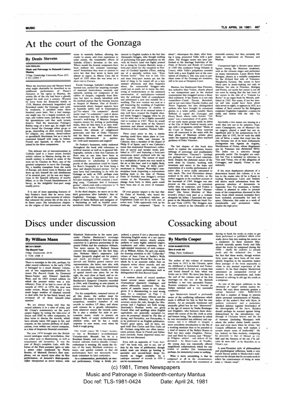 Times Literary Supplement, April 24, 1981