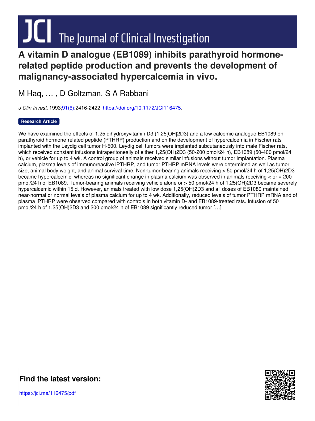 Inhibits Parathyroid Hormone- Related Peptide Production and Prevents the Development of Malignancy-Associated Hypercalcemia in Vivo