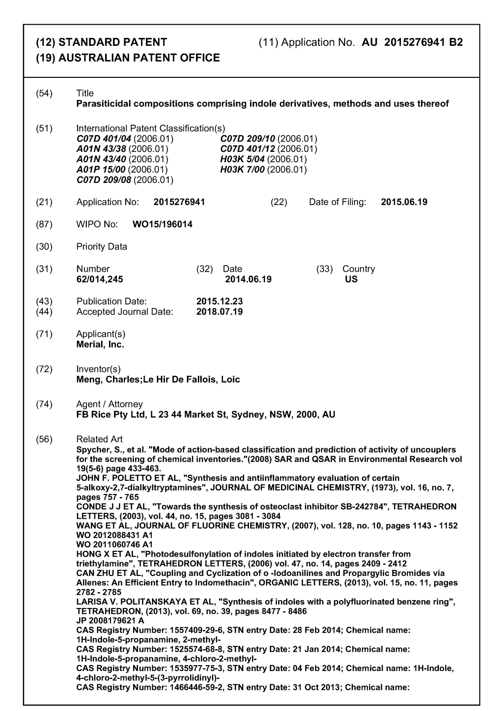 (12) STANDARD PATENT (11) Application No. AU 2015276941 B2 (19) AUSTRALIAN PATENT OFFICE