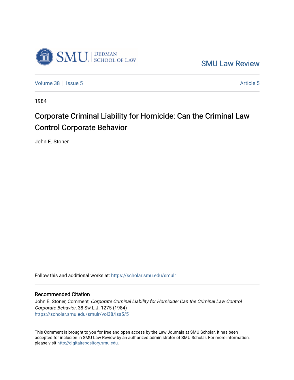 Corporate Criminal Liability for Homicide: Can the Criminal Law Control Corporate Behavior