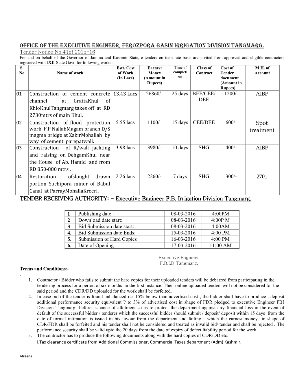 Office of the Executive Engineer, Ferozpora Basin Irrigation Division Tangmarg