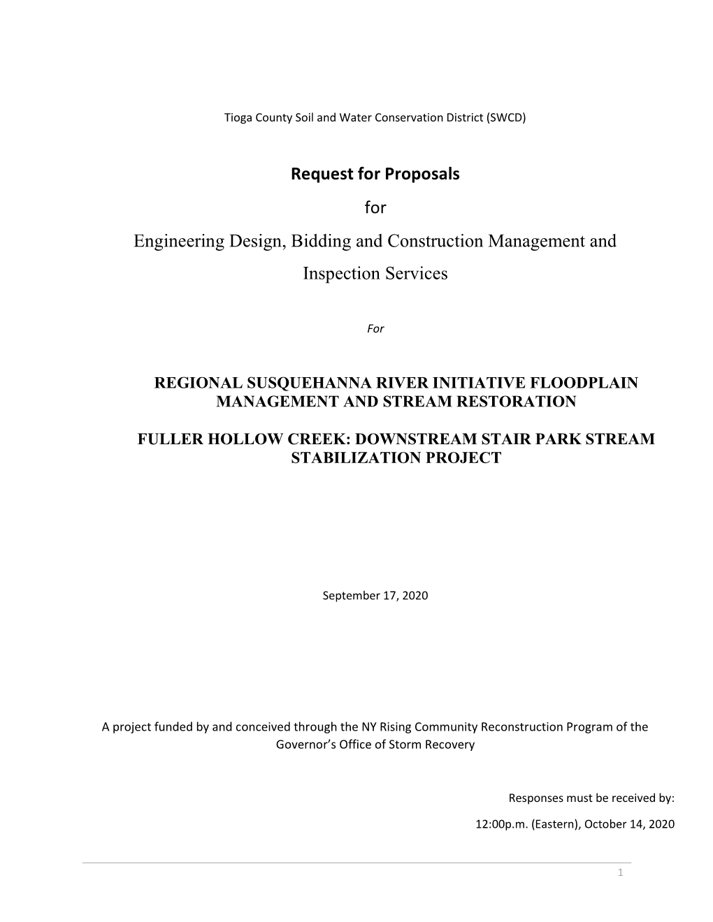 Request for Proposals for Engineering Design, Bidding and Construction Management and Inspection Services