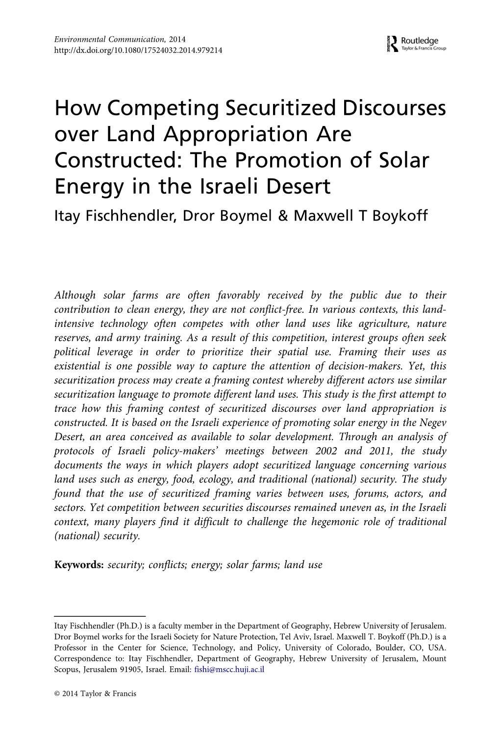 The Promotion of Solar Energy in the Israeli Desert Itay Fischhendler, Dror Boymel & Maxwell T Boykoff