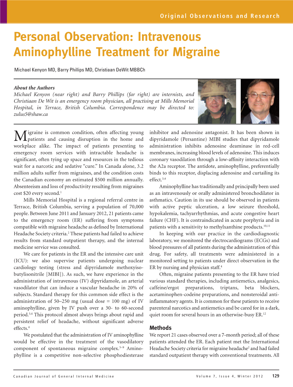 Intravenous Aminophylline Treatment for Migraine