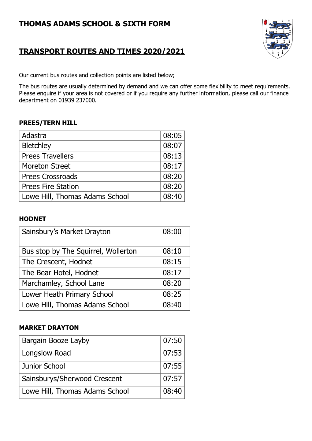 Thomas Adams School & Sixth Form Transport Routes and Times 2020/2021