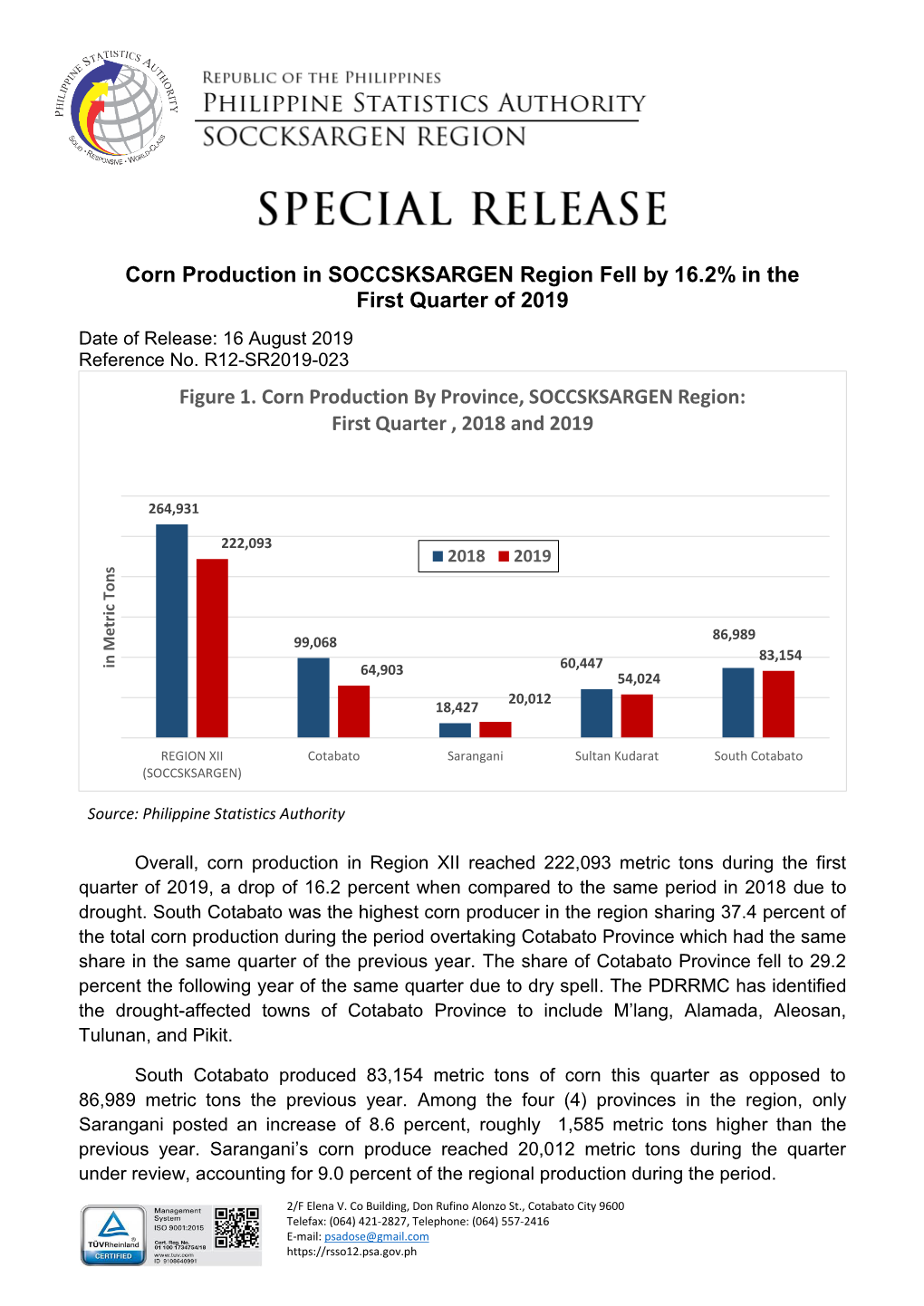 First Quarter , 2018 and 2019 Corn Production in SOCCSKSARGEN