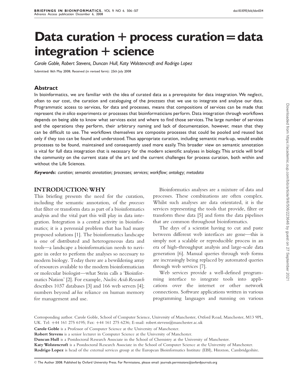 Data Curation+Process Curation^Data Integration+Science