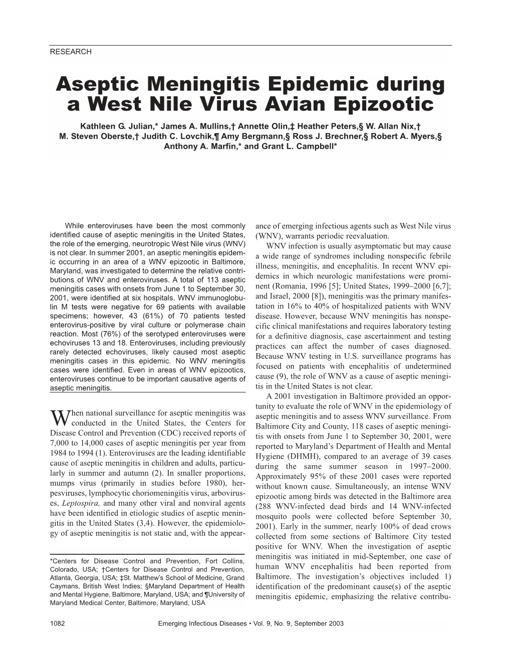 Aseptic Meningitis Epidemic During a West Nile Virus Avian Epizootic Kathleen G