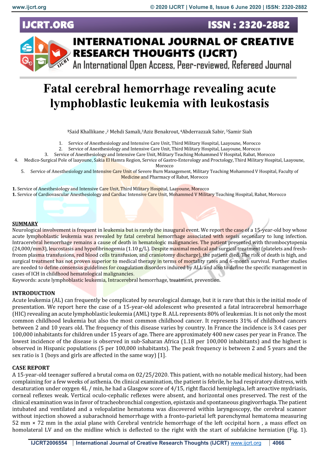 Fatal Cerebral Hemorrhage Revealing Acute Lymphoblastic Leukemia with Leukostasis