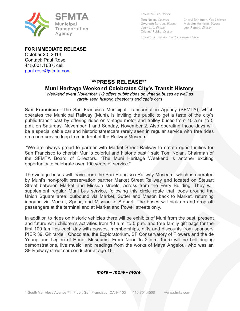PRESS RELEASE** Muni Heritage Weekend Celebrates City's Transit History