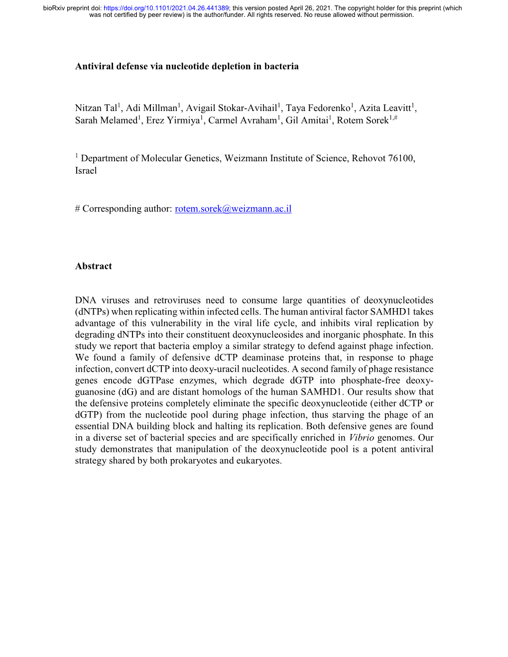 Antiviral Defense Via Nucleotide Depletion in Bacteria