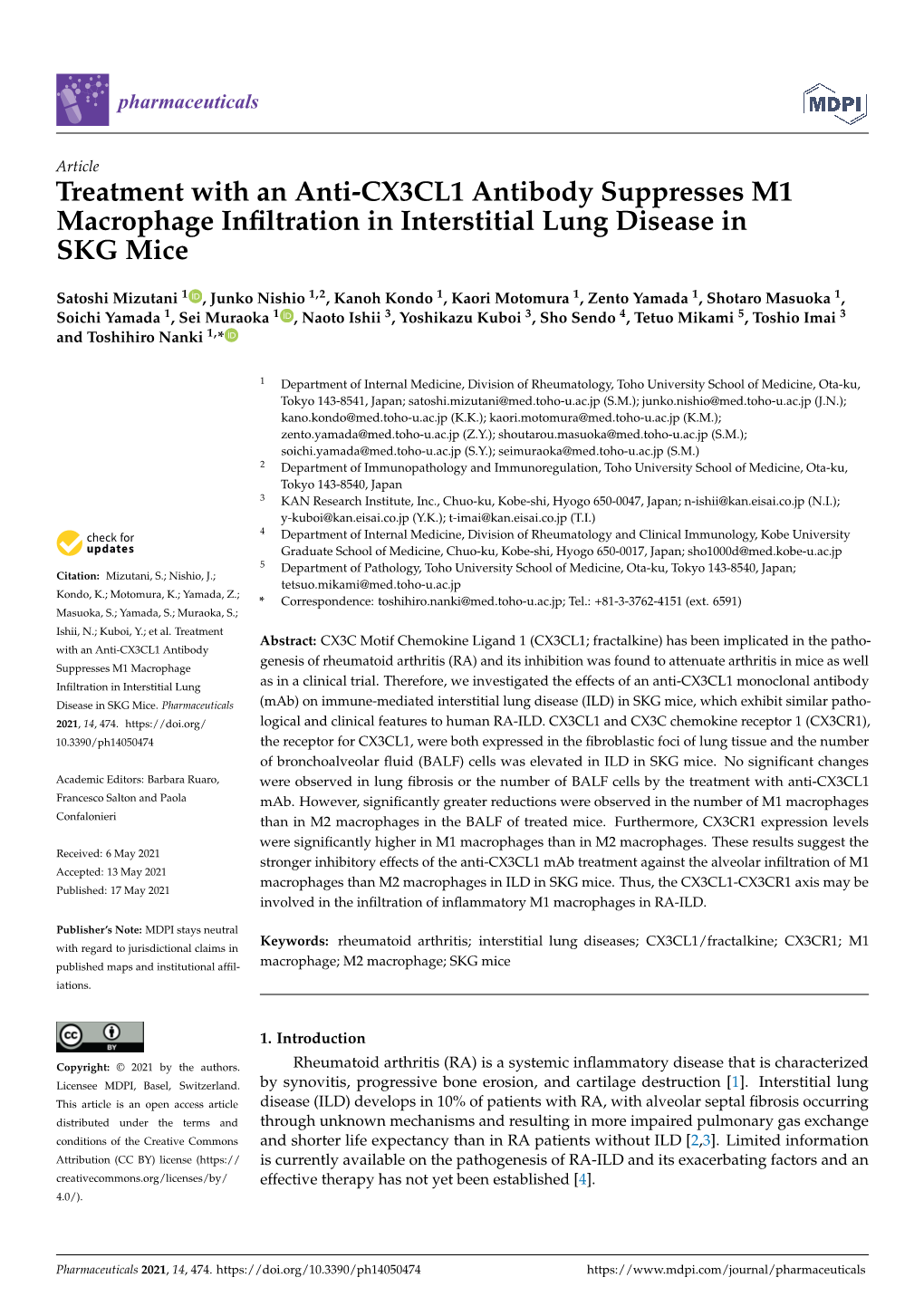 Treatment with an Anti-CX3CL1 Antibody Suppresses M1 Macrophage Inﬁltration in Interstitial Lung Disease in SKG Mice