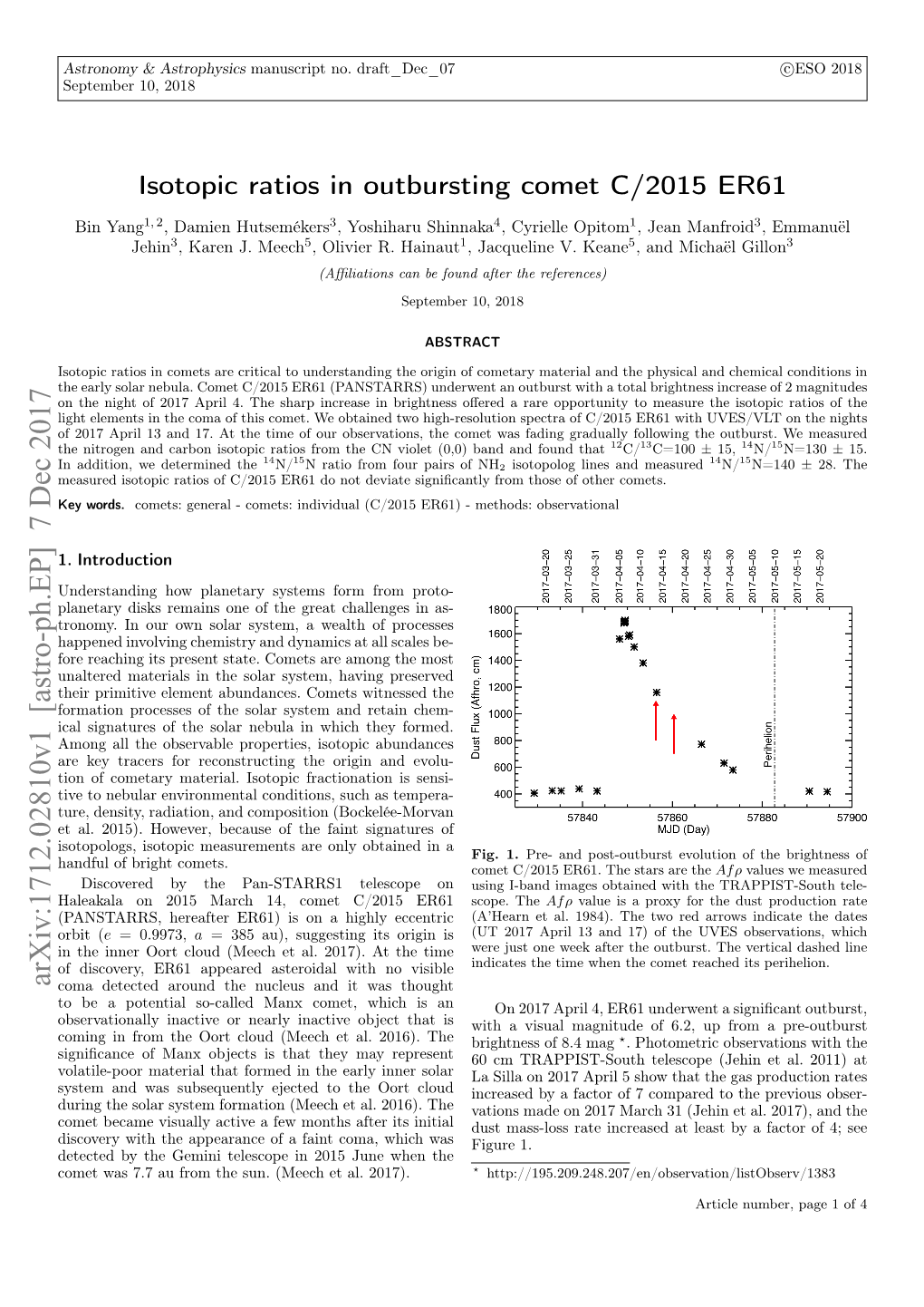 Isotopic Ratios in Outbursting Comet C/2015 ER61