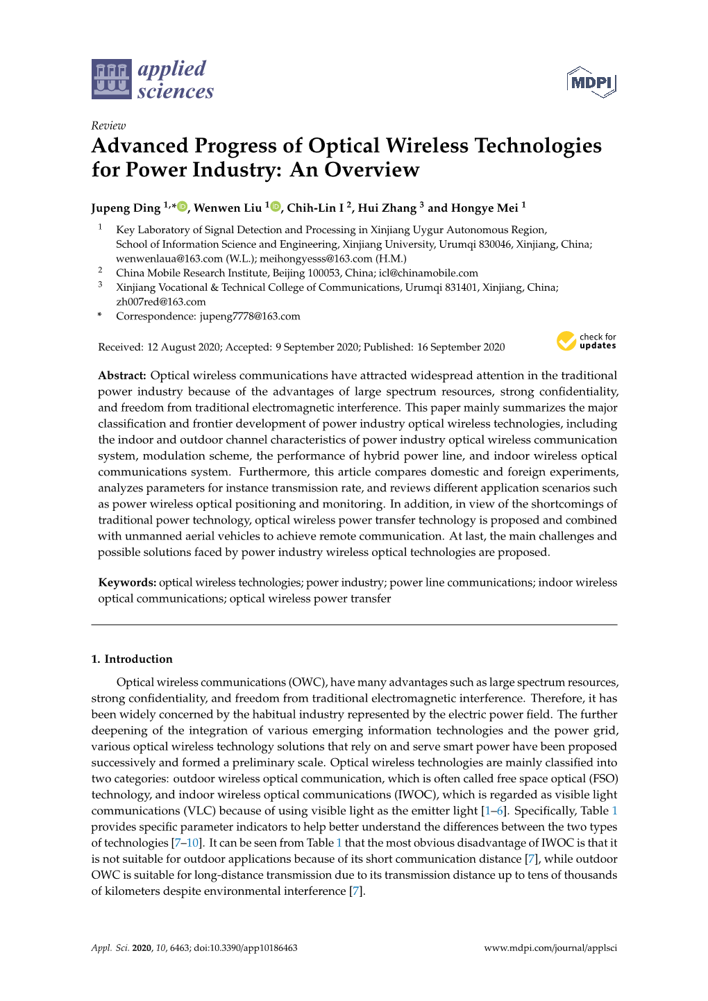 Advanced Progress of Optical Wireless Technologies for Power Industry: an Overview