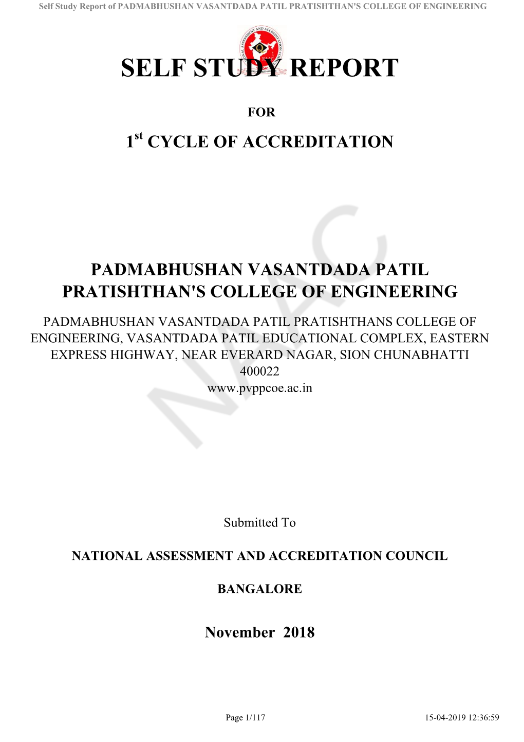 Self Study Report of PADMABHUSHAN VASANTDADA PATIL PRATISHTHAN's COLLEGE of ENGINEERING