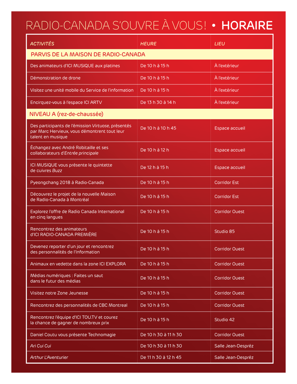 Radio-Canada S'ouvre À Vous! • Horaire