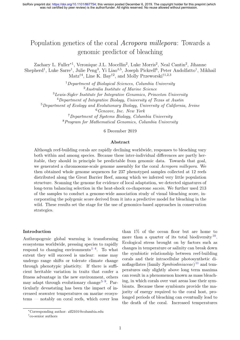 Population Genetics of the Coral Acropora Millepora: Towards a Genomic Predictor of Bleaching