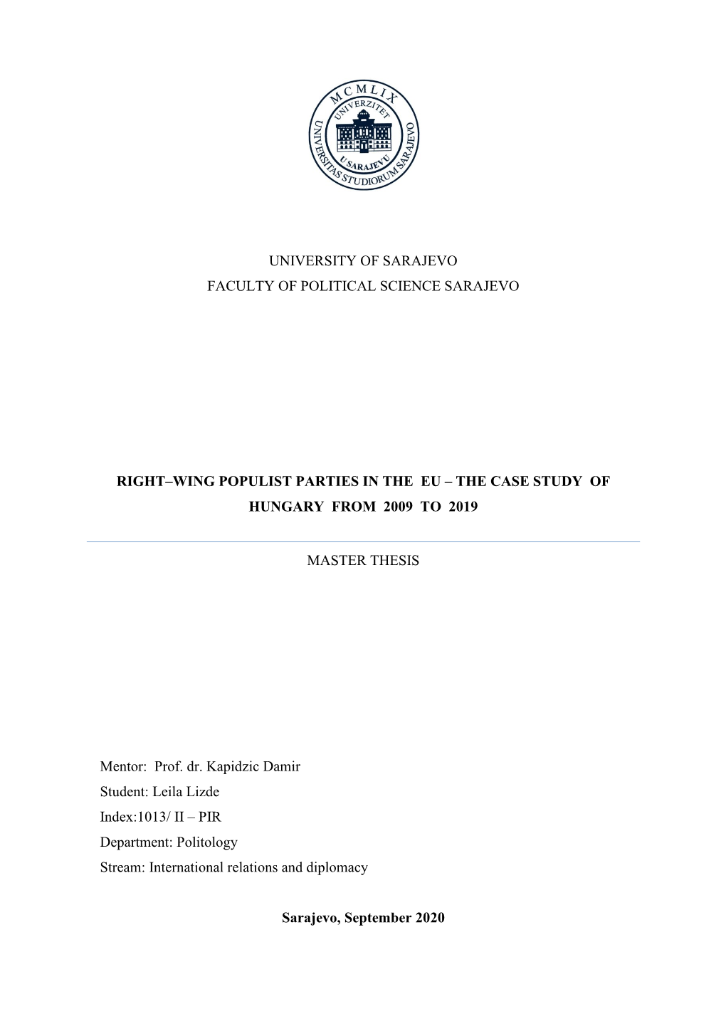 Right–Wing Populist Parties in the Eu – the Case Study of Hungary from 2009 to 2019