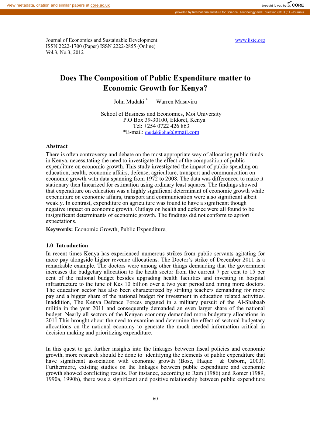 Does the Composition of Public Expenditure Matter to Economic Growth for Kenya?