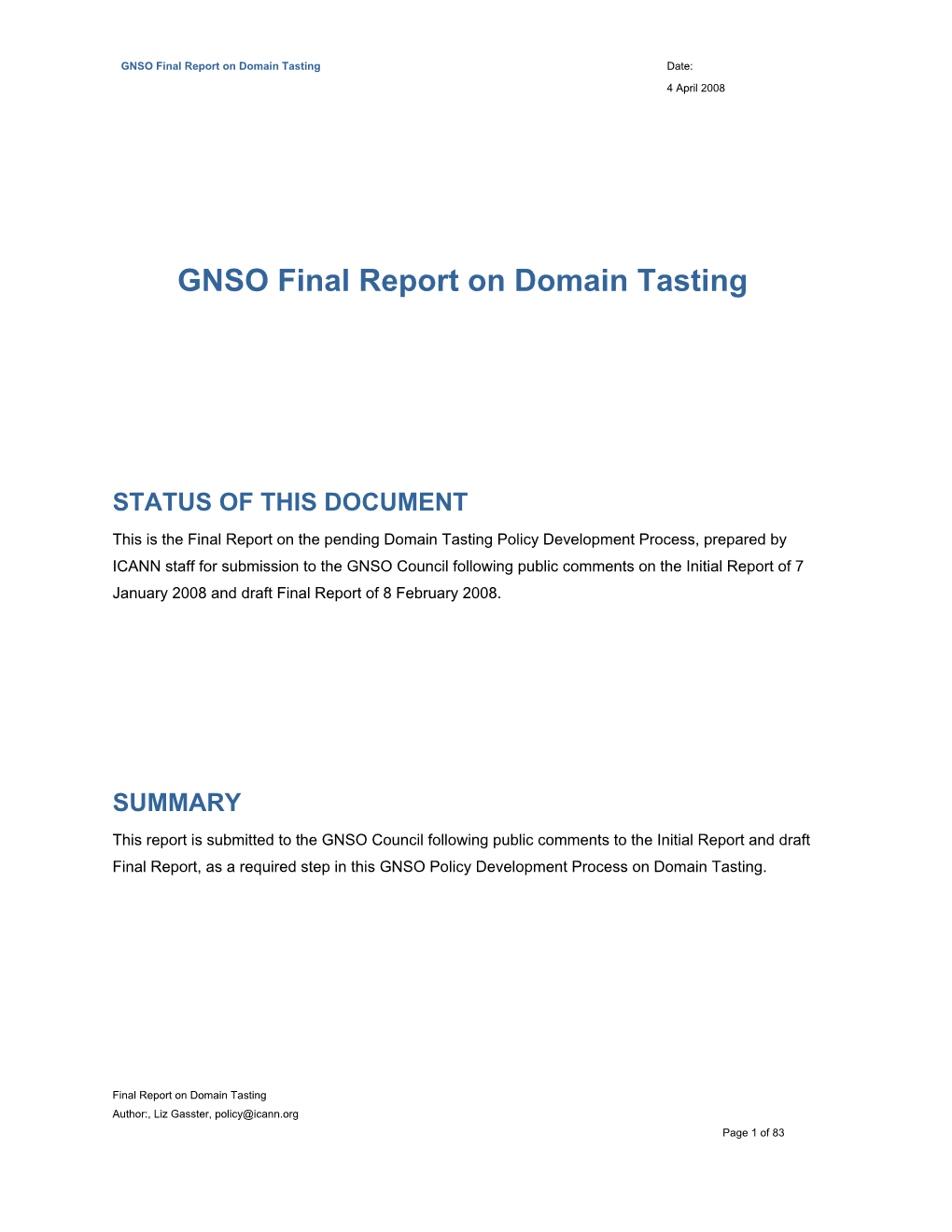 GNSO Final Report on Domain Tasting Date