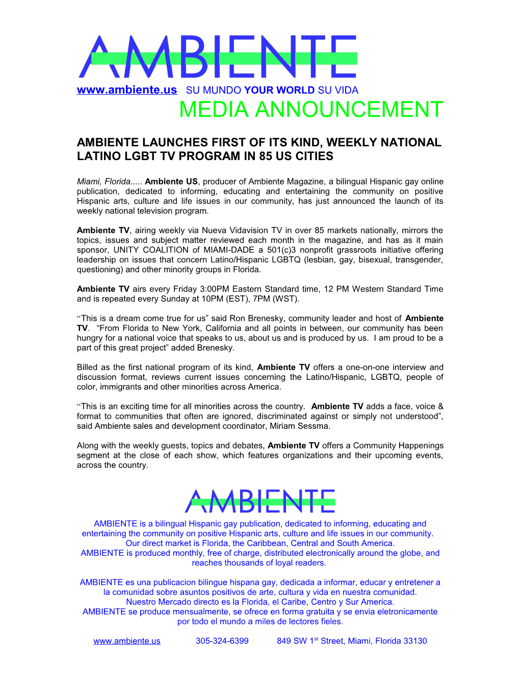 Ambiente Launches First of Its Kind, Weekly National Latino Lgbt Tv Program in 85 Us Cities