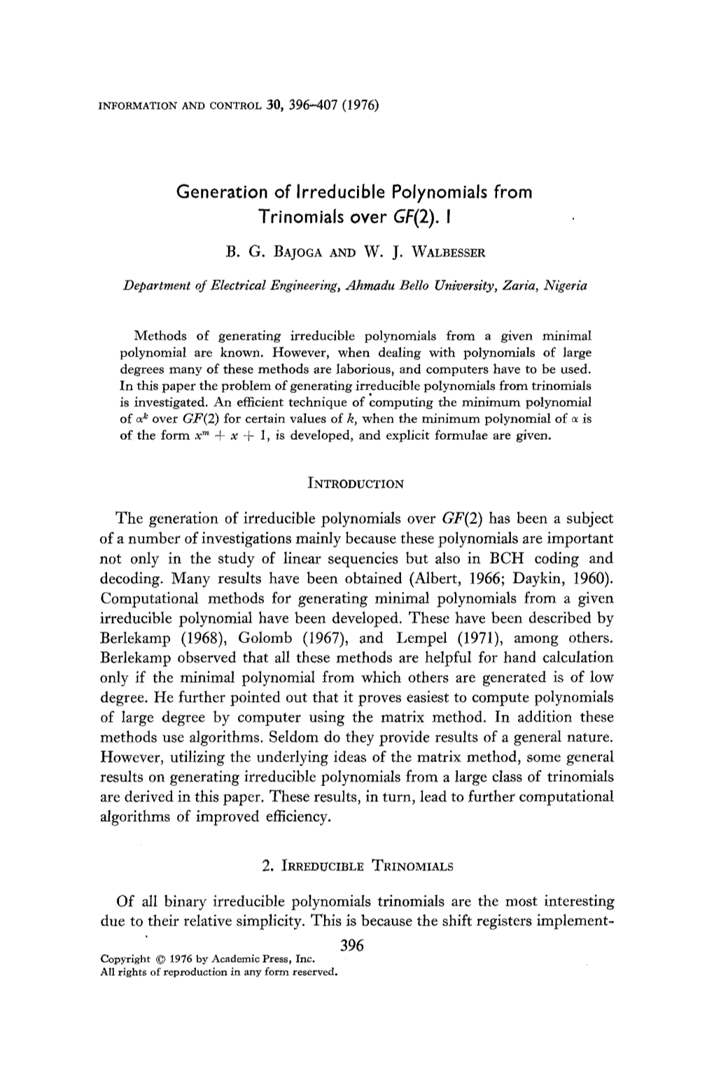 Generation of Irreducible Polynomials from Trinomials Over GF(2). I