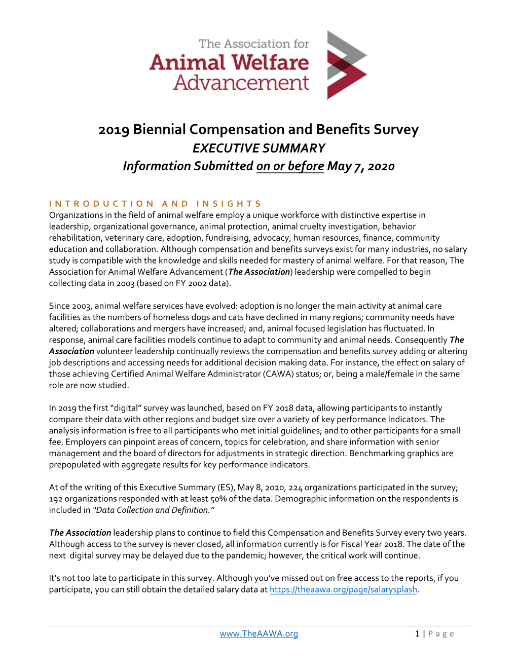 2019 Biennial Compensation and Benefits Survey EXECUTIVE SUMMARY Information Submitted on Or Before May 7, 2020