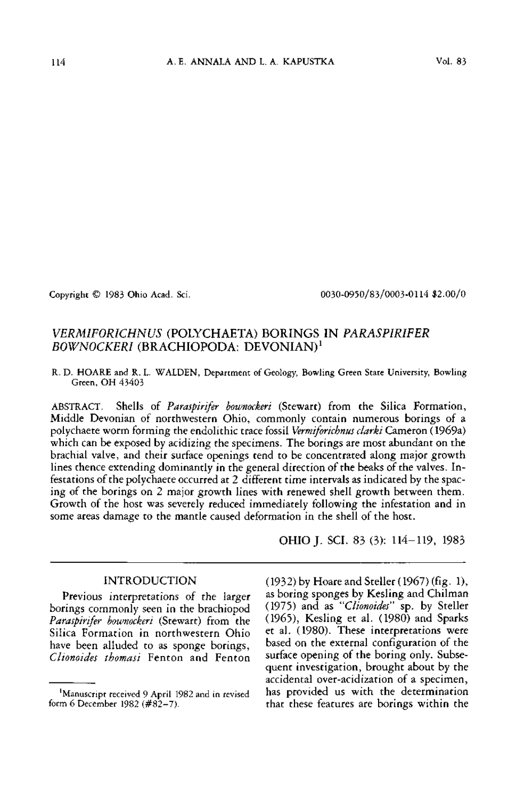 (Polychaeta) Borings in Paraspirifer Bownockeri (Brachiopoda: Devonian)1