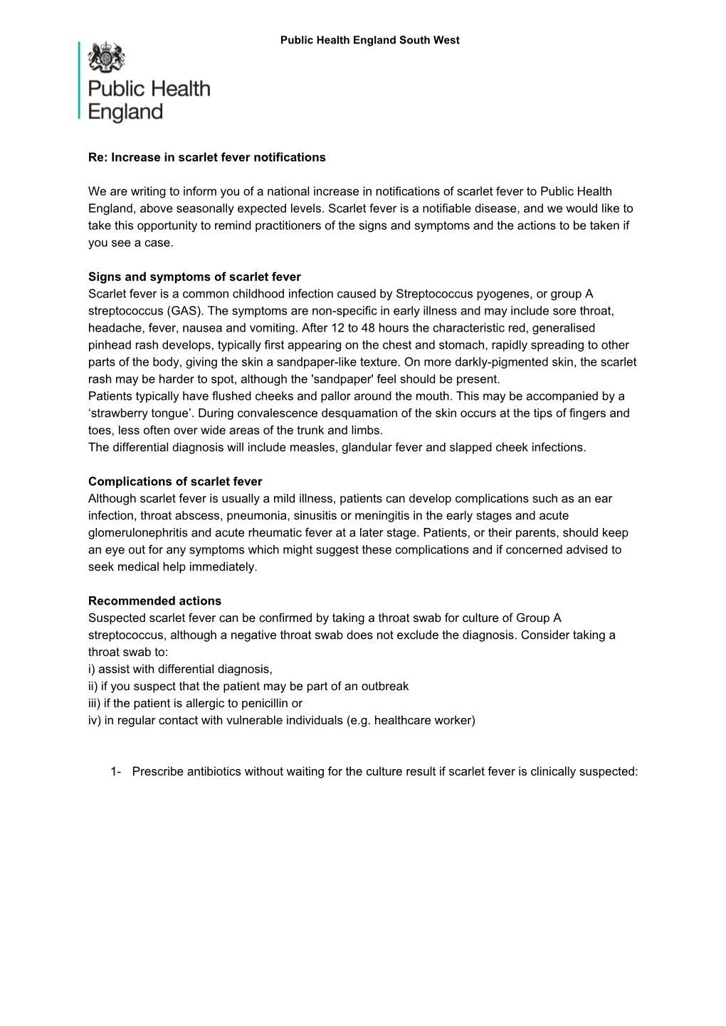 Re: Increase in Scarlet Fever Notifications We Are Writing to Inform You of a National Increase in Notifications of Scarlet Feve