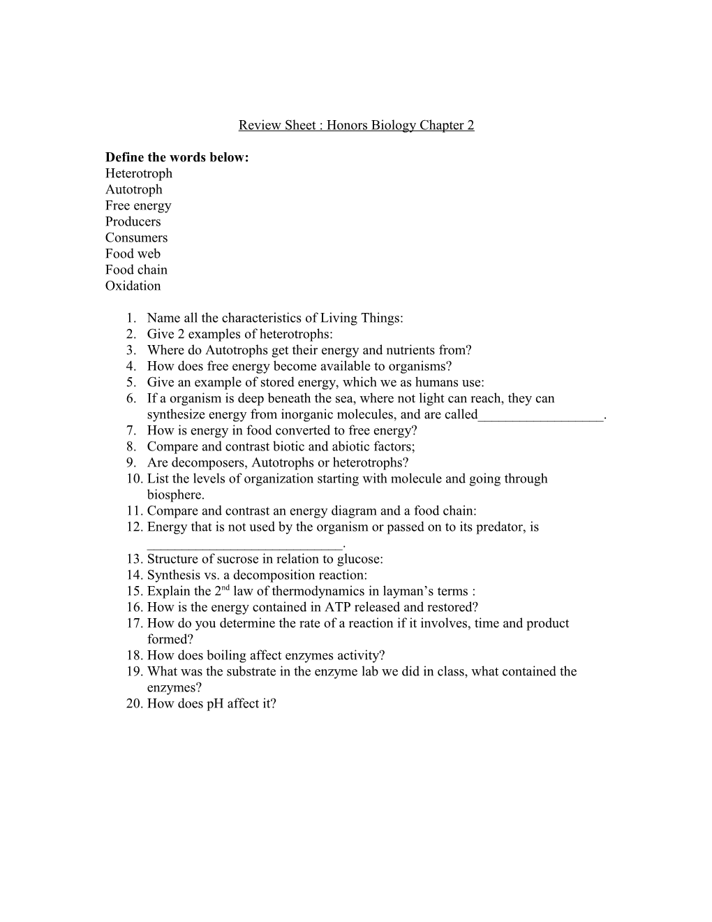 Review Sheet : Honors Biology Chapter 2