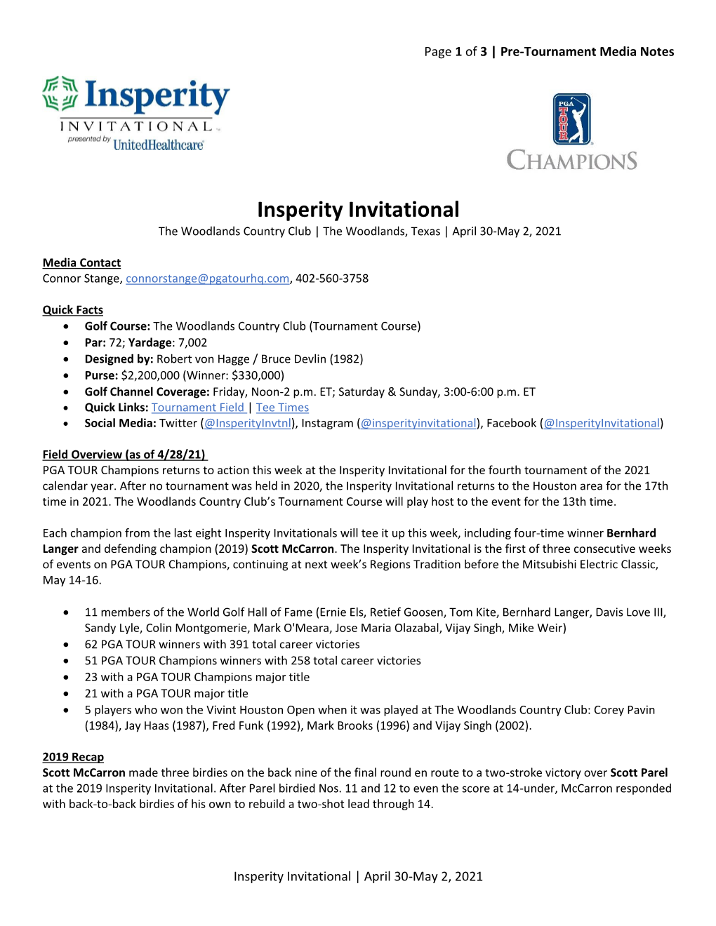 Insperity Invitational Pre-Tournament Media Notes