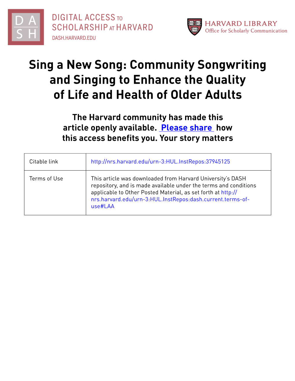 Sing a New Song: Community Songwriting and Singing to Enhance the Quality of Life and Health of Older Adults